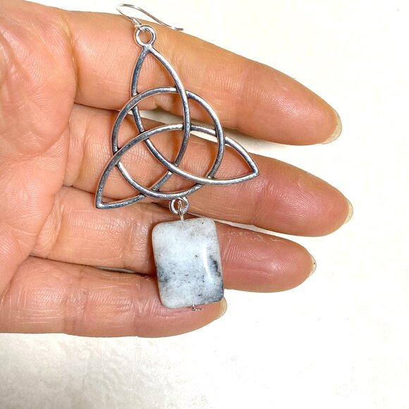 2/$20, Genuine White Dendritic Agate Celtic Trinity Sterling Silver Earrings - Picture 10 of 11